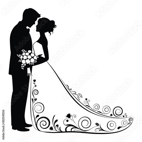 Elegant wedding couple silhouette with floral dress detail