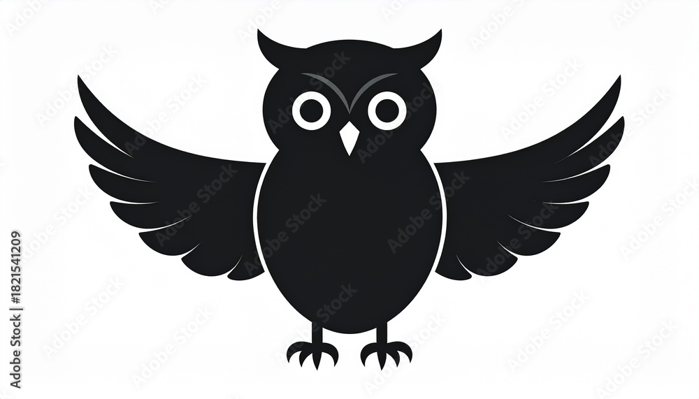 Obraz premium Stylized black owl silhouette with wide open wings. A simple and elegant graphic icon representing wisdom, knowledge, and the night