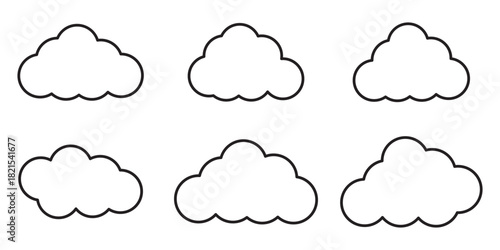 Simple cloud outlines in various shapes. Cloud designs in a repeating pattern. Minimalist cloud icons for weather themes. Black cloud outlines on white. Weather illustration, vector set