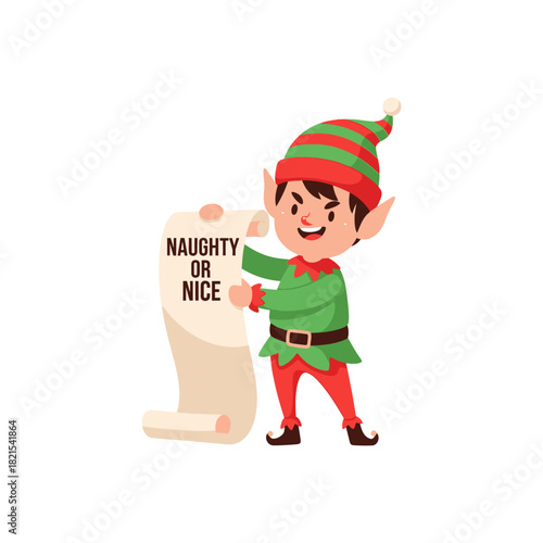 Christmas Elf Holding Naughty or Nice List for Evaluation.