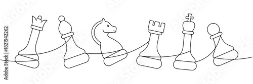 Modern continuous line art with chess pieces queen, pawn, knight, rook, king in a flowing minimalist composition