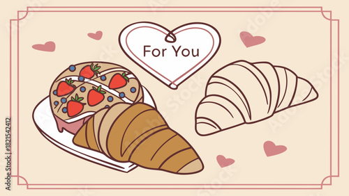 Pastries and cake with strawberries and blueberries in a frame with hearts for you message card