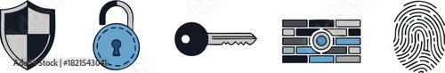 Set of Security Icons Shield, Lock, Key, Data Encryption, and Fingerprint