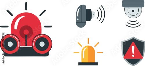 Set of Security and Safety Icons Alarm, Surveillance, and Warning Symbols