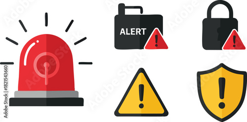 Alert Icons Red Siren, Warning Signs, Padlock, Folder, Security Shield Symbols