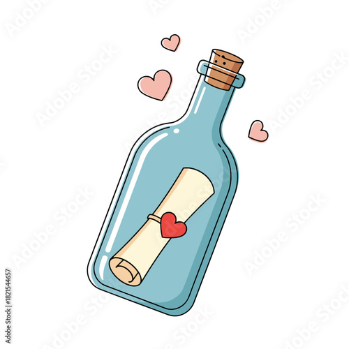 Love letter in a bottle with floating hearts illustration for Valentine’s Day cards, romantic storytelling and adventure-themed designs, isolated