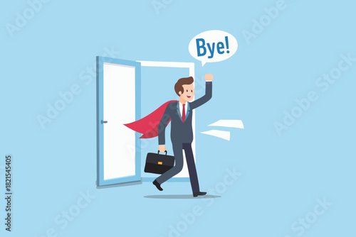 Cartoon businessman leaving job wearing cape saying goodbye