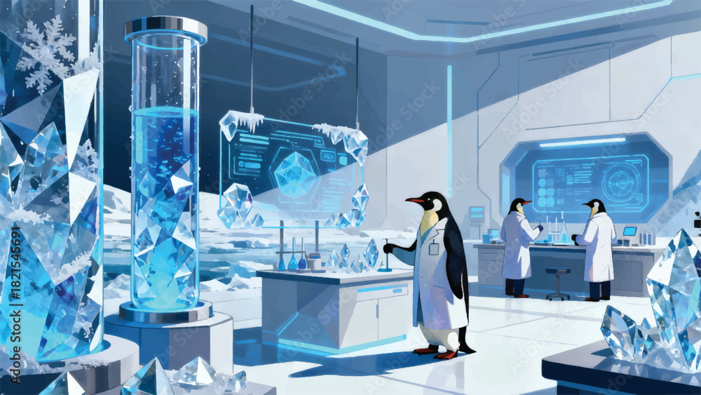 Fototapeta premium Illustration Of A Futuristic Laboratory Of Polar Ice, Managed By Penguin Scientists Vector Design Template