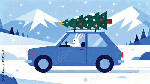 Illustration Of A Car Above Which There Is A Christmas Tree And A Rabbit Driving The Car Vector Design Template