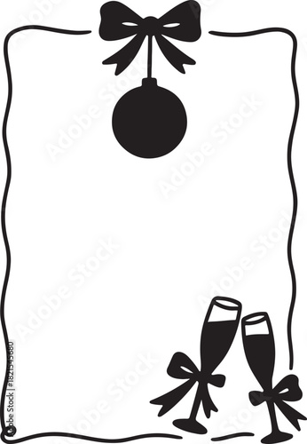 Elegant holiday border frame with festive christmas ornament and celebratory champagne flutes toast for new year's eve celebration isolated on white background, Vector, illustration