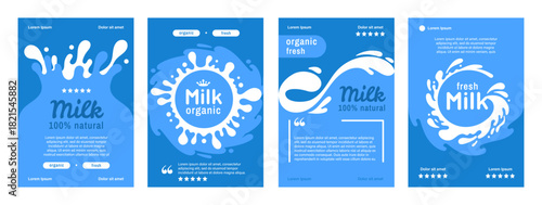 Cow white milk splashes with letters. Milk silhouette flows Isolated white fresh farm goat milks logos. White milk splash drops labels with lettering. Fresh, Milk 100% natural
