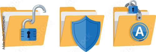 Data Security Folders with Padlocks and Shields Symbolizing Protection