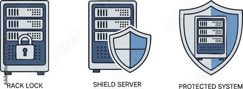 Server Security Icons Rack Lock, Shield Server, Protected System