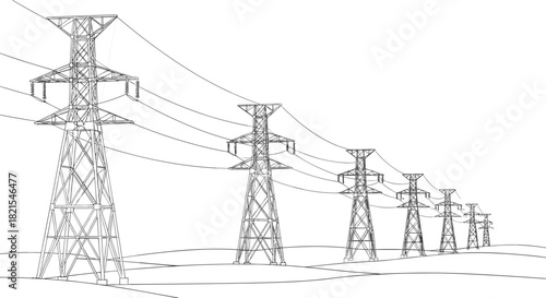 Electric power transmission line tower sketch, high voltage energy grid vector illustration