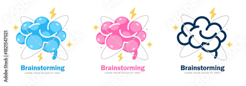 Brainstorm color banner. Idea generation concept, develop new idea. Solution to solve problem with Brainstorm. Thinking process to generate creativity. Moving Atom in Brain.