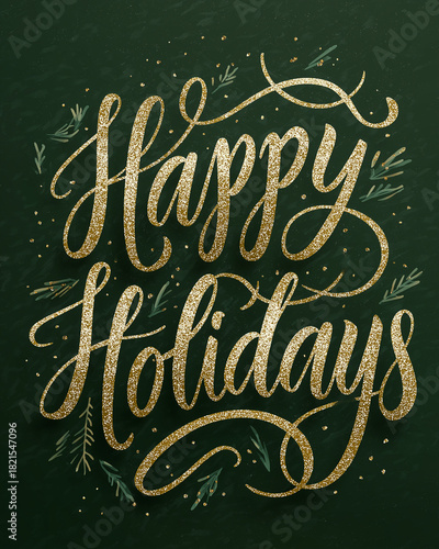 Festive Greetings: a celebratory, calligraphy-style message, Happy Holidays, glistening with golden accents and festive seasonal motifs. 