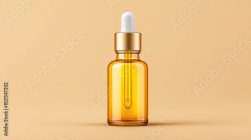 Photorealistic amber glass dropper bottle with gold cap and white rubber top, perfect for cosmetic or essential oil packaging