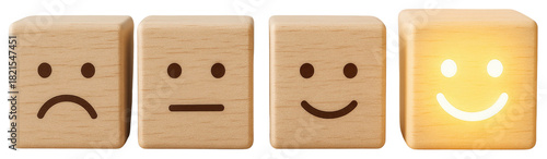 Four wooden blocks with sad neutral smiling and glowing happy faces in a row on white background cubes isolated on a transparent background