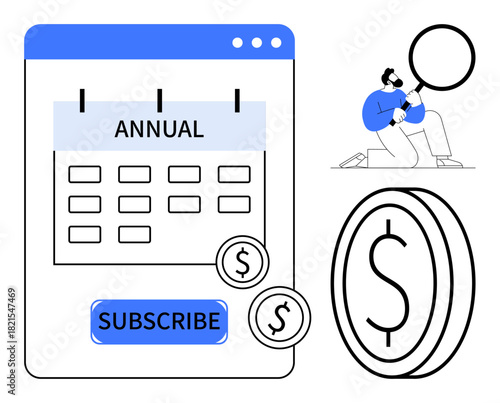 Calendar labeled annual, subscribe button, dollar coins, person analyzing with magnifying glass. Ideal for finance, budgeting, subscriptions, cost analysis planning savings service pricing. Simple