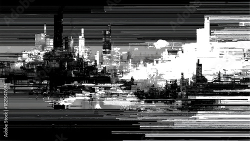 Monochrome abstract city skyline with data stream visual error effect. isolated on transparent background, Vector, illustration