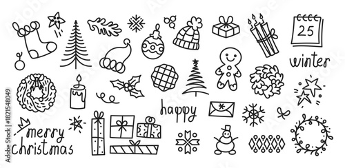 Christmas doodle hand drawn decor. Set of snowman, gingerbread, hat, sock, gift, reindeer, holly, christmass tree, lettering. Merry Christmas and Winter season festival, holiday collection for kids
