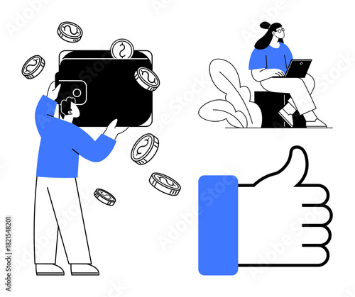 Digital wallet concept. A person managing mobile payments, coins, and digital currency, secure transactions. Digital wallet use is key for e-commerce, fintech, remote work, and online platforms