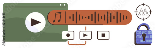 Media player frame with play button, audio waveform, playback icons, target audience, and padlock. Ideal for entertainment, security, streaming, content creation marketing data privacy simple flat