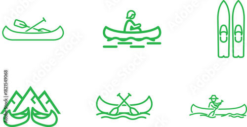 Green line art depicting outdoor activities and sports including kayaking skiing canoeing mountains and paddling across a body of water creating a visually appealing recreation related image
