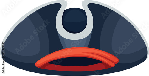 A cartoonish pirate hat with a red band and a black brim