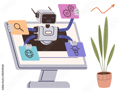 Robot extending arms with icons of search, settings, globe, and ideas from a monitor, accompanied by a plant and growth chart. Ideal for technology, automation, innovation, efficiency multitasking