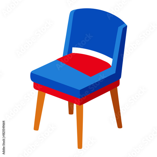 A stylized, isometric illustration of a chair featuring a blue backrest and seat with a red cushion and base, supported by four wooden legs.