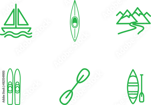 Line Art Icon Set Depicting Outdoor Adventure Activities Including Sailing Kayaking Hiking Skiing and Canoeing Emphasizing Recreation and Nature