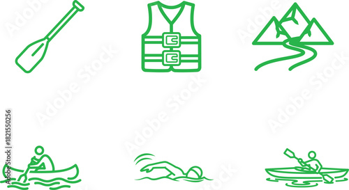 Outdoor Adventures Icon Set Featuring Paddling Swimming Hiking and Safety Equipment in Bold Green Outline on White Background Perfect for Recreation and Nature Themes