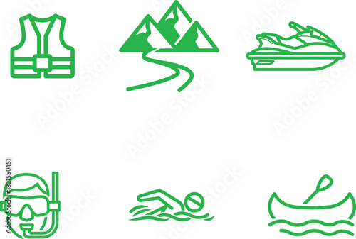 Outdoors activities vector icons isolated on white background promoting adventure sports safety and recreation near mountains water and promoting healthy lifestyle choices