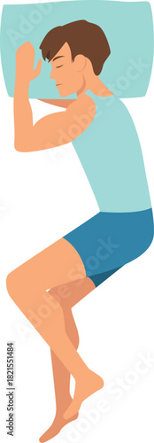 A man is sleeping on a bed with a blue pillow