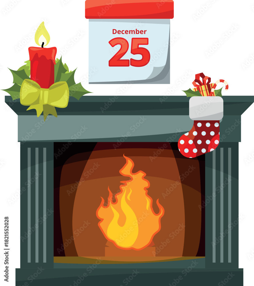 Fototapeta premium A fireplace with a red candle and a red bow on top of it