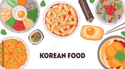 Korean food vector drawing. Top view Korean food dishes vector illustration. Flat style. Bibimbap, pajeon, kimbap, tteokbokki, japchae, samgyetang, egg bread