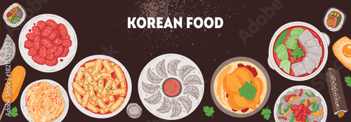 Korean food vector drawing. Top view Korean food dishes vector illustration. Flat style. Bulgogi, corn dog, kimchi, mandu, dumpling, samgyetang, jjigae, japchae, kimbap