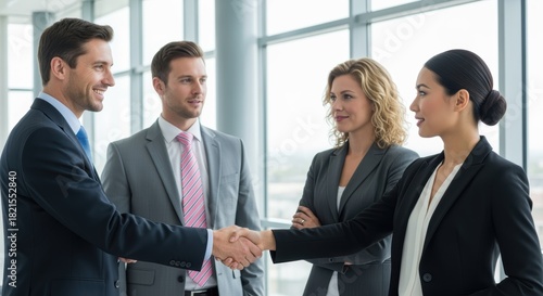 Wallpaper Mural Four diverse business professionals shake hands in a modern office setting, depicting a successful collaboration. Torontodigital.ca