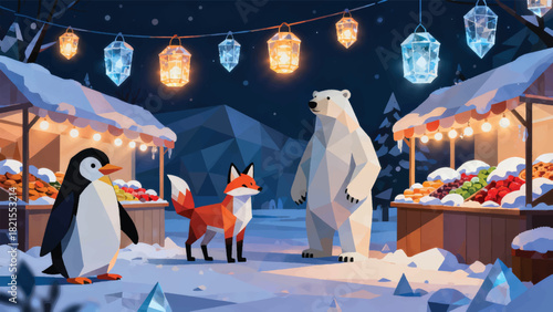 Illustration Of A Winter Fair Guarded By Penguins, Arctic Foxes And Polar Bears Walking By Hanging Lights Vector Design Template