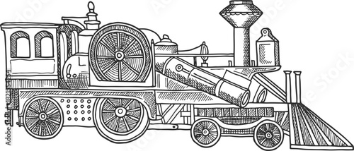 A black and white drawing of a steam engine