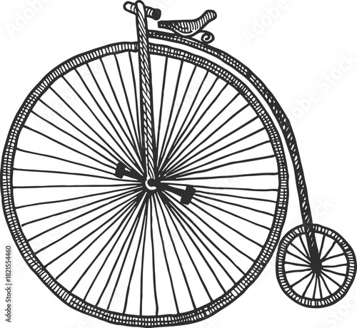 A black and white drawing of a bicycle with a large wheel