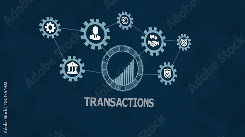 Digital transaction processing and secure financial operations automation with interconnected business gears, analytics interface, and technology workflow system.