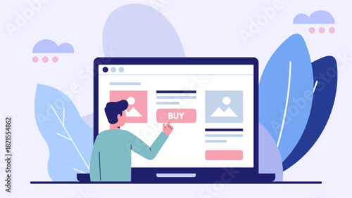 User Clicking Buy Now Button on Online Store Interface – Flat Pastel Illustration