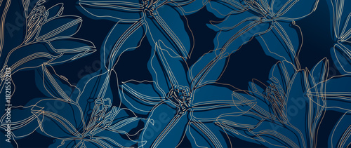 Luxury golden lilies flowers vector floral design for greeting cards, decor, wall decoration.