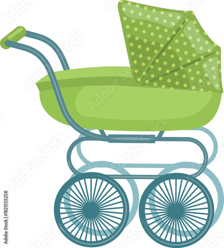 A green stroller with a blue wheel