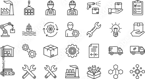 Manufacturing line icons, logistics symbols, industrial factory vector set, shipping delivery, cargo, warehouse