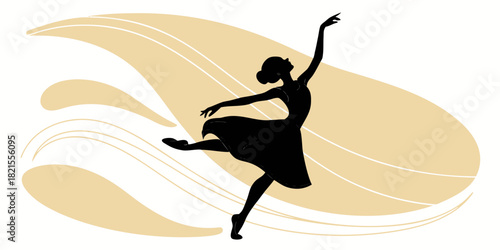 Silhouette of a ballerina in a dynamic pose against an abstract beige background with flowing lines | svg | ai generated