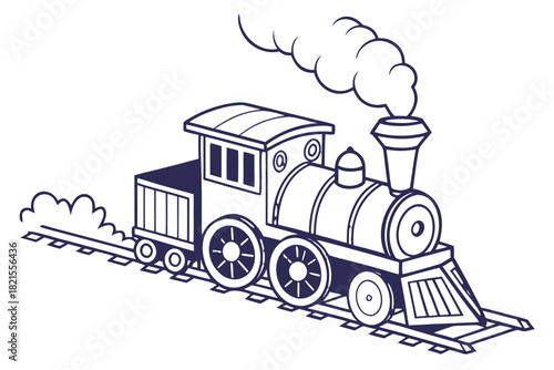 single toy train engine icon, blocky geometric body, flat wheels, minimal smoke puff, transparent background, clean stock-ready vector