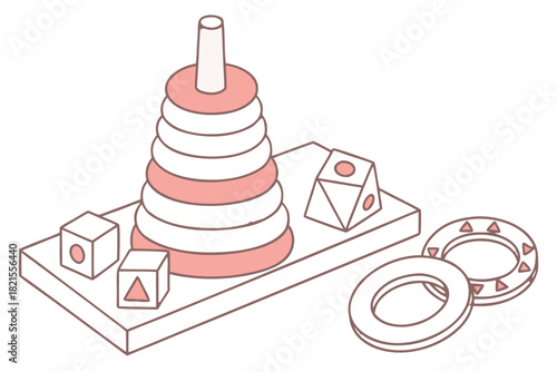 single wooden stacking rings icon, clean concentric arcs, pastel toy color palette, simple geometric blocks, transparent background, high-quality vector